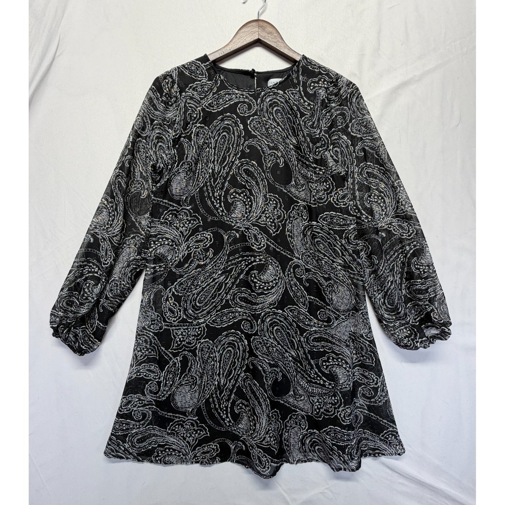 Calvin Klein A Line Dress Womens 6 Black White Paisley Metallic Chiffon Back Zip
